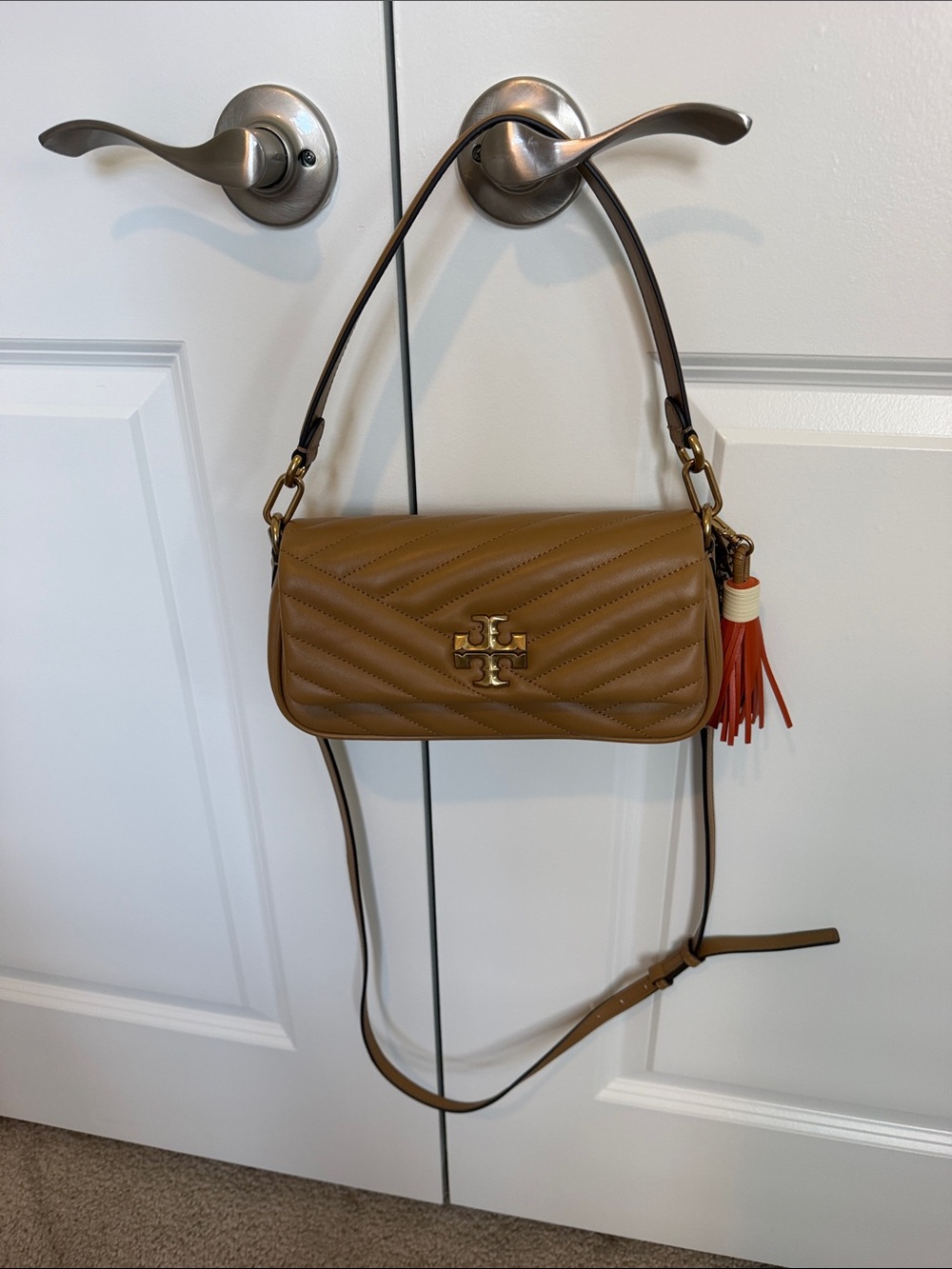 Tory Burch Kira Chevron Convertible Crossbody in Brown with Orange Tassel